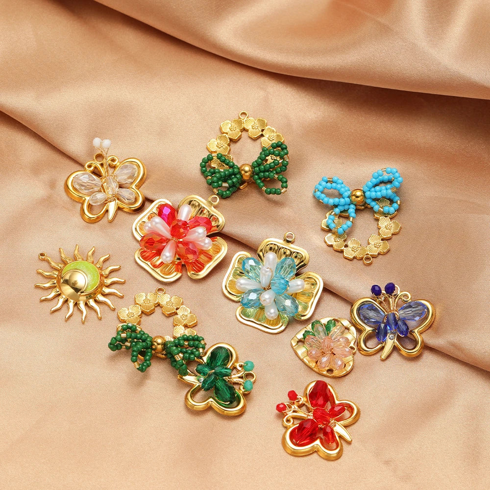Trend Creative 18k Gold Plated Stainless Steel Flower Butterfly Heart Crystal Glass Bead Charm Pendant for  DIY Jewelry Making