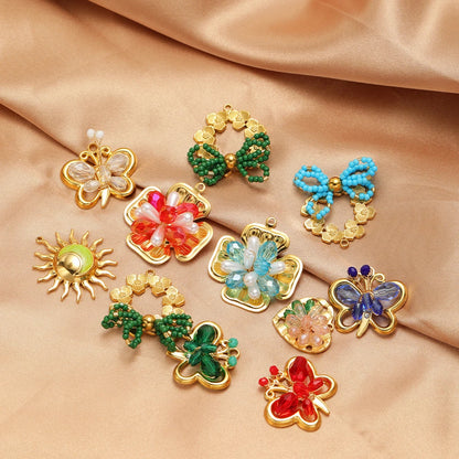Trend Creative 18k Gold Plated Stainless Steel Flower Butterfly Heart Crystal Glass Bead Charm Pendant for  DIY Jewelry Making