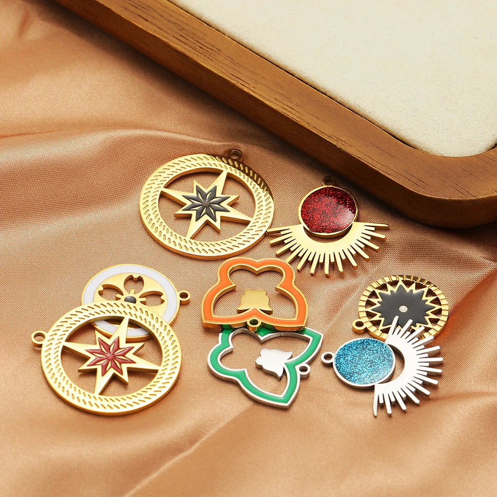 French Vintage Stainless Steel Gold Plated Dripping Oil Hollow Sun Star Butterfly Flower Charm Pendant for Jewelry Making