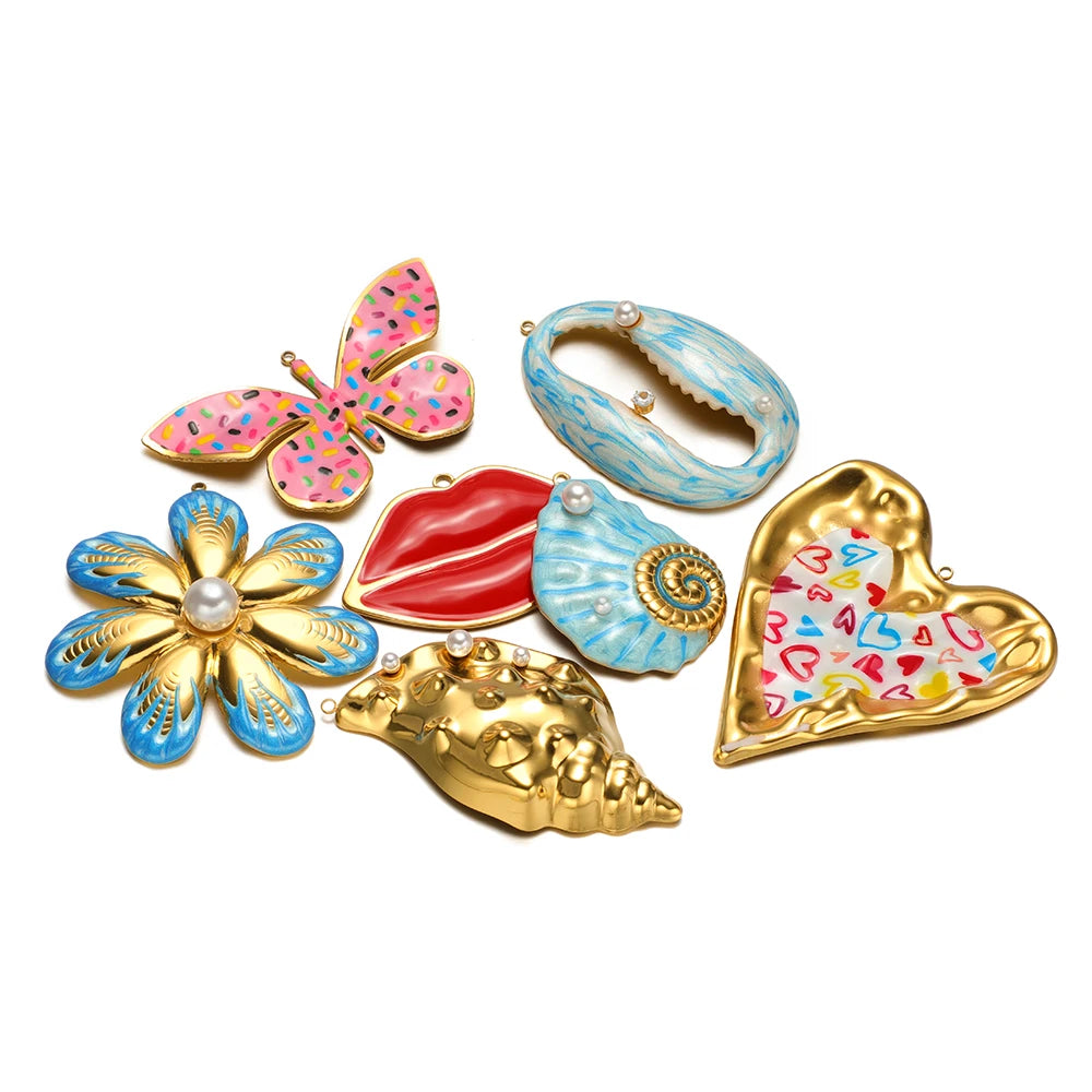 Stainless Steel 18k Gold Plated Enamel Heart butterfly Flower Conch Lip Charm Pendant for Jewelry Necklace Making