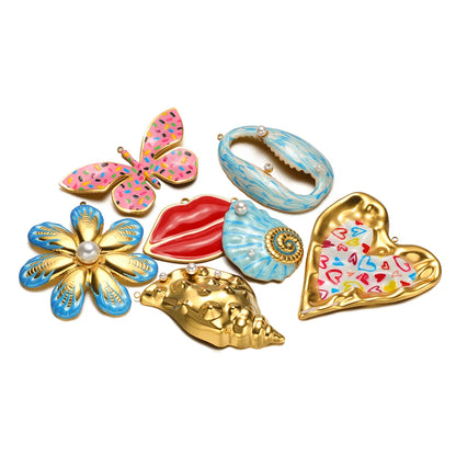 Stainless Steel 18k Gold Plated Enamel Heart butterfly Flower Conch Lip Charm Pendant for Jewelry Necklace Making