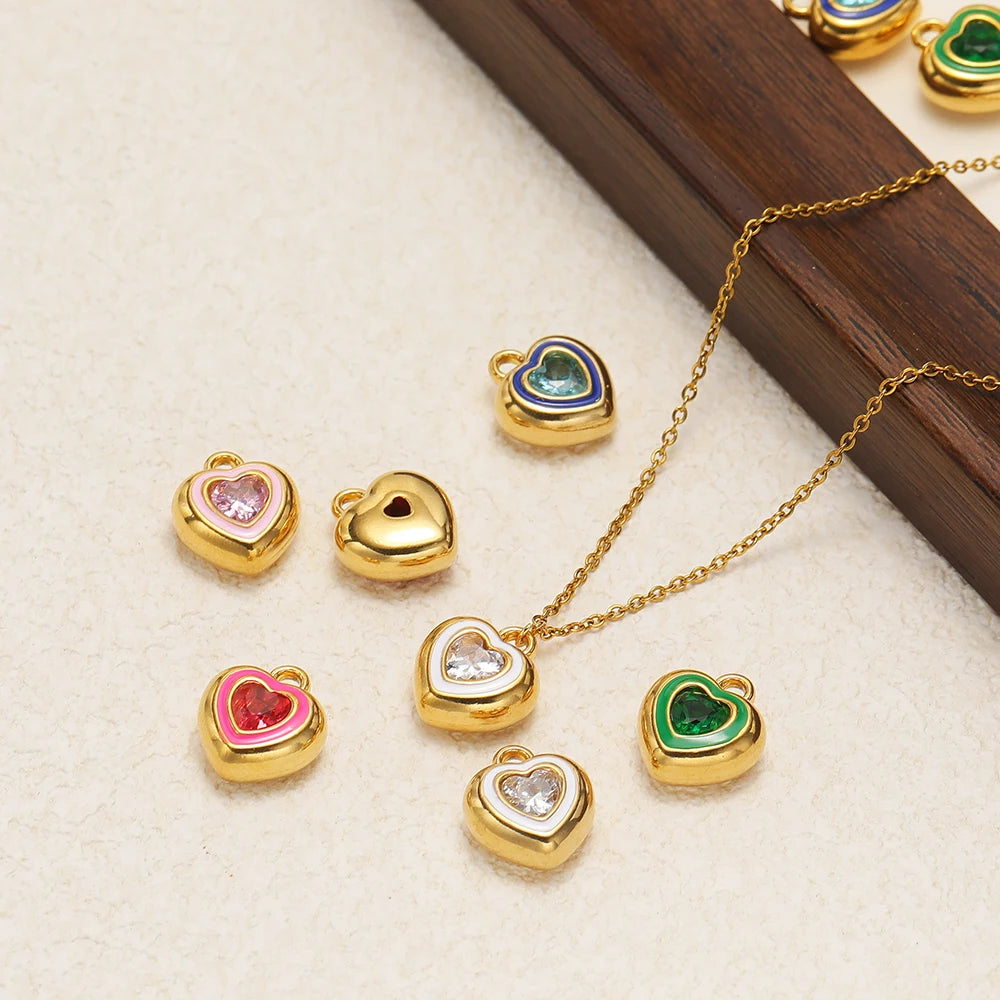 New Design Luxury Stainless Steel 18k Gold Plated Enamel Sweet Heart Zircon Charms Pendant for Diy Jewelry Necklace Making