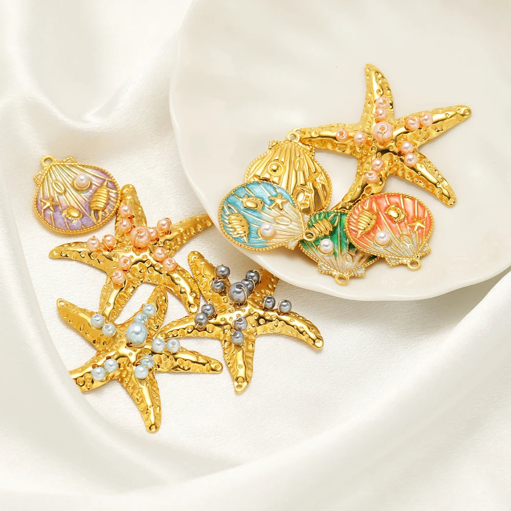 New Arrival 18k Gold Plated Stainless Steel Enamel Starfish Shell Pearl Charm Pendant for Jewelry Making Accessories