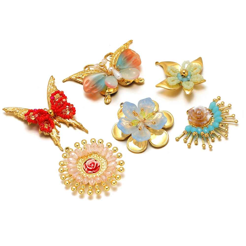 Handmade 18k Gold Plated Stainless Steel Crystal Geometric Flower Sun Charm Colorful Butterfly Pendant for Jewelry Making