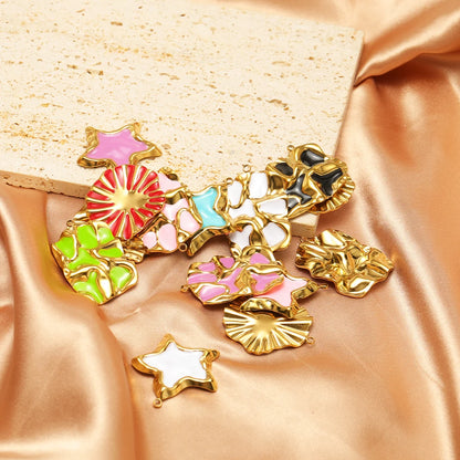 Vintage Style Stainless Steel 18k Gold Plated Enamel Star Round Charm Pendant for Jewelry Necklace Making Accessories
