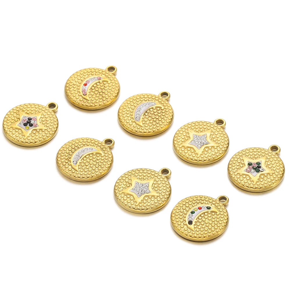 Fashion Stainless Steel 18k Gold Plated Round Wave Point Star Moon Zircon Charm Pendant for Jewelry Necklace Making Accessories