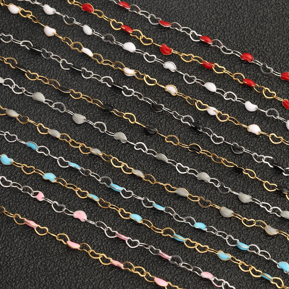 Fashion Hollowed Heart Connector Enamel Chain Stainless Steel Heart Oil Drip Charm Roller Chains for Making Necklace Bracelet