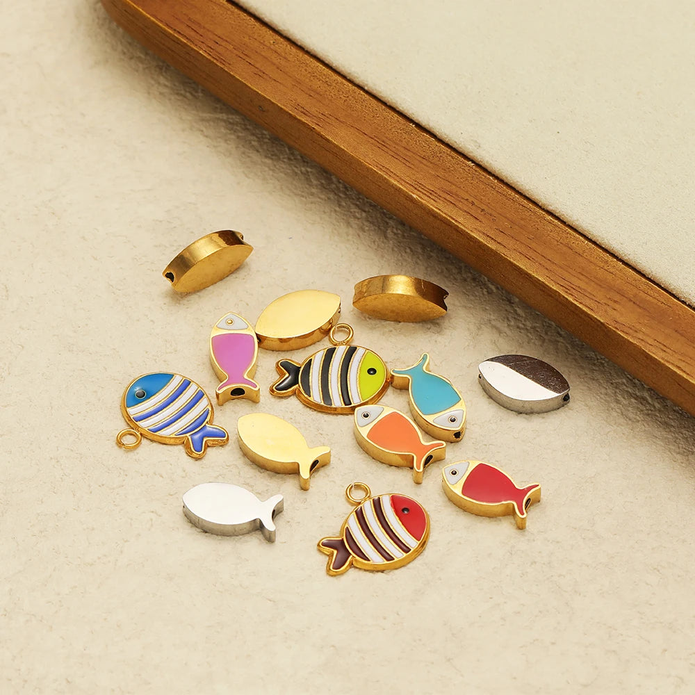 New Trend Stainless Steel Gold Plated Dripping Oil Eyes Enamel Small Fish Charm Pendant for Jewelry Making Wholesale