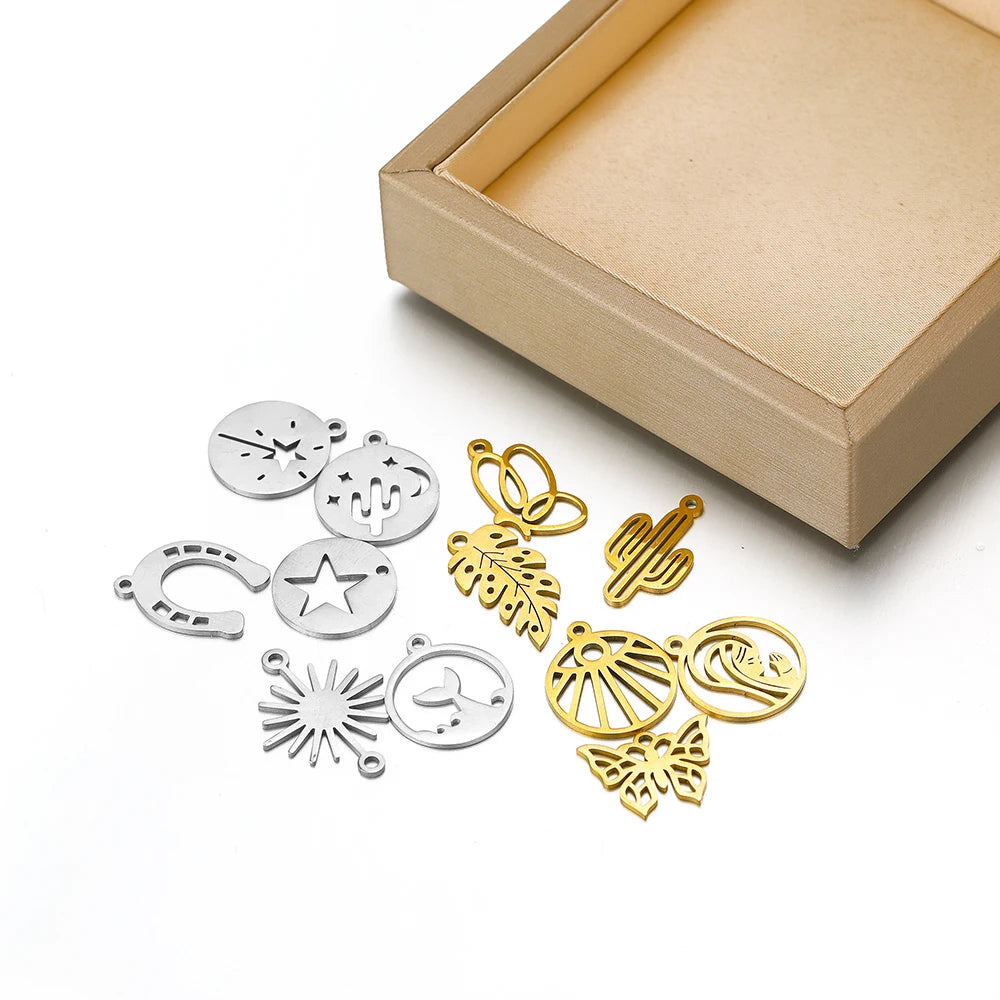 DIY Pendants Stainless Steel 18k Gold Plated Hollow Cactus Butterfly Star Sun Eyes Charm Pendants for Jewelry Necklace Making