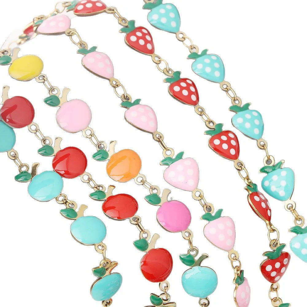 D432 High Quality Enamel Stainless Steel Chain Strawberry apple Fruit Charm Link 18k Gold Plated Chain Jewelry Findings