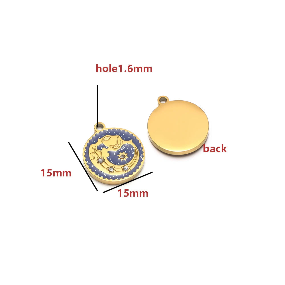 Wholesale 12 Constellations Enamel Charms Set - 15mm Gold Round Zodiac Pendants with 1.6mm Single Hole