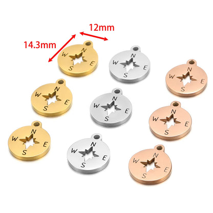 Small Compass Pendant Charm 304 Stainless Steel 18k Gold Plated Circular Hollowed-out Compass Pendant Charm  for Necklace Making