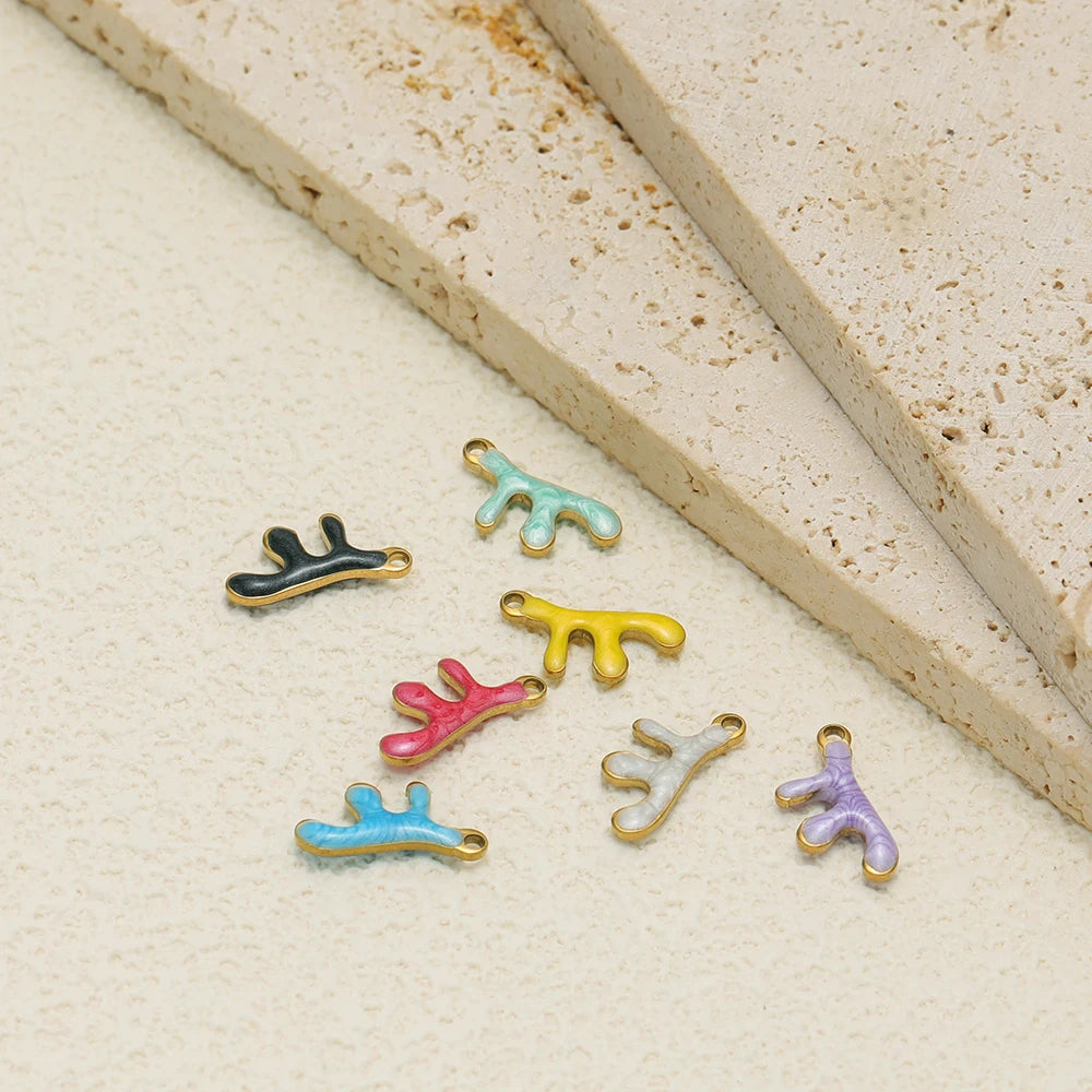 Waterproof 18k Gold Plated Stainless Steel Enamel Coral Charm Pendant for Diy Necklace Jewelry Making Accessories
