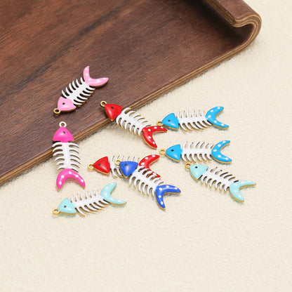 No Tarnish 18k Gold Plated Stainless Steel Small Enamel Fishbone Charm Pendant for Jewelry Necklace Making Accessories