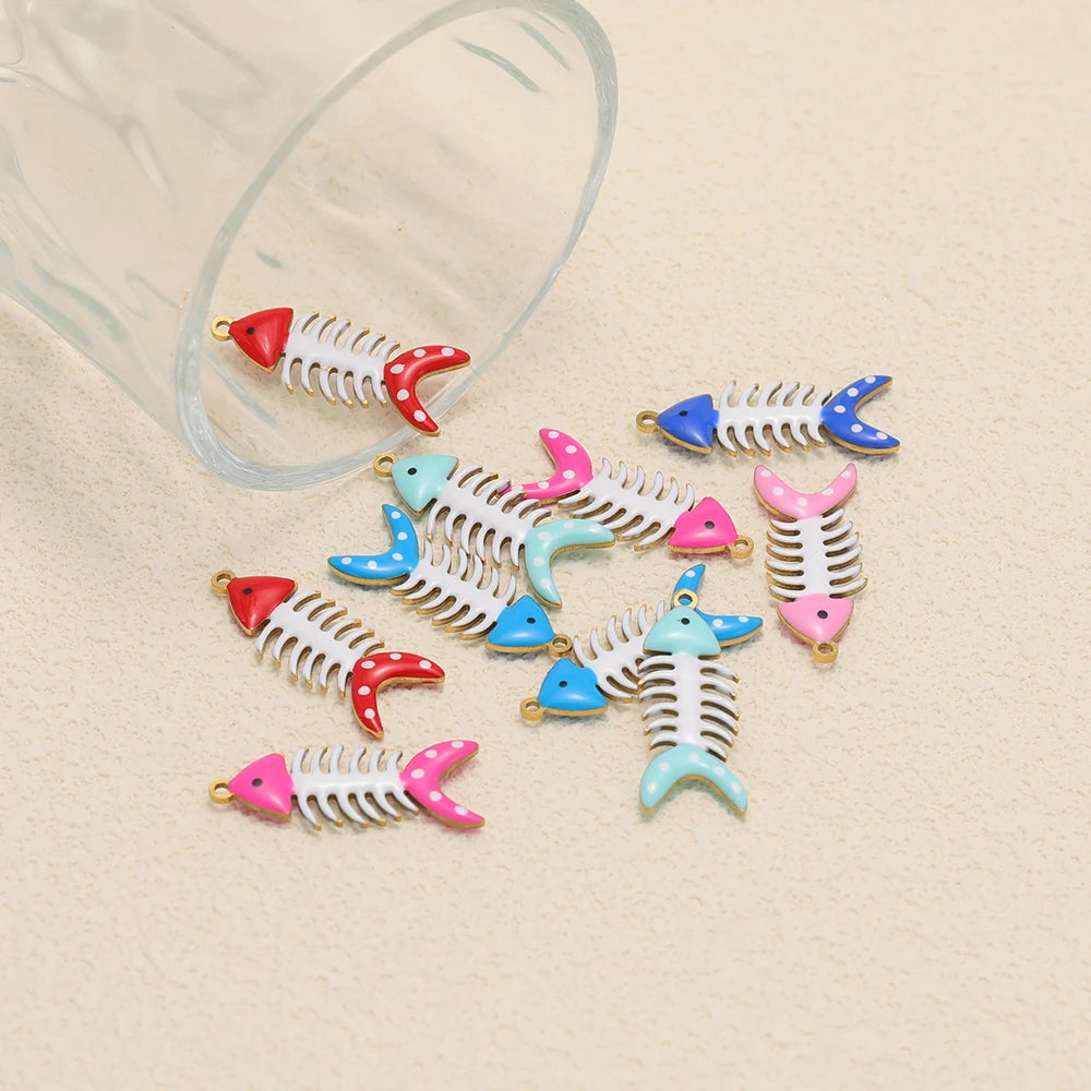 No Tarnish 18k Gold Plated Stainless Steel Small Enamel Fishbone Charm Pendant for Jewelry Necklace Making Accessories