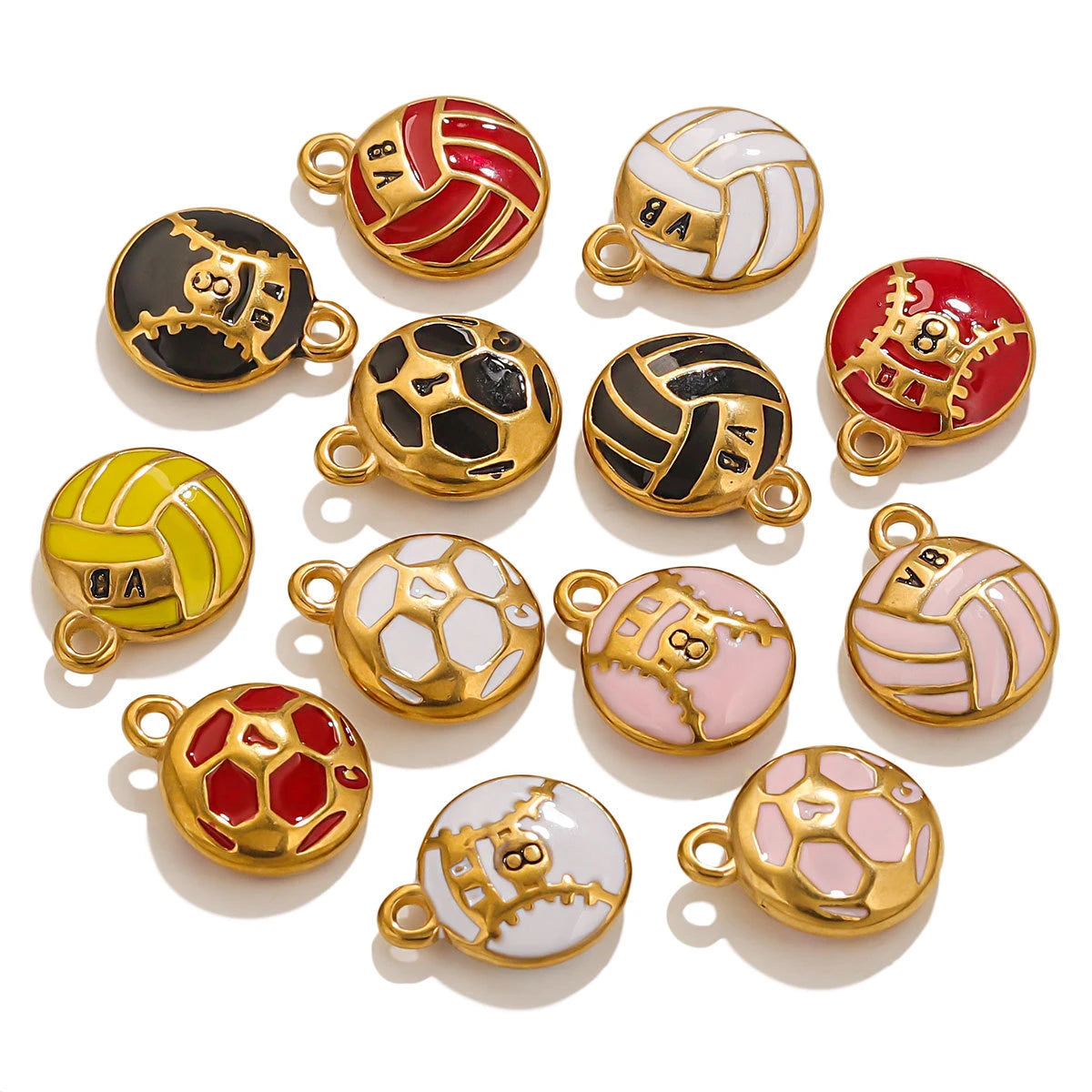 Stainless Steel 18K Gold Plated Colorful Sports Ball-Shaped Pendants DIY Bracelets Keychains Accessories Drip-Coating Parts