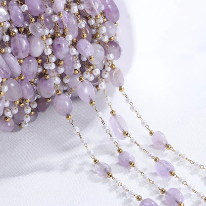 A1864 Good Quality Natural Chip Beads Chain Amethyst Crystal Beads Stainless Steel Chain with Pearl Beaded Diy Jewelry