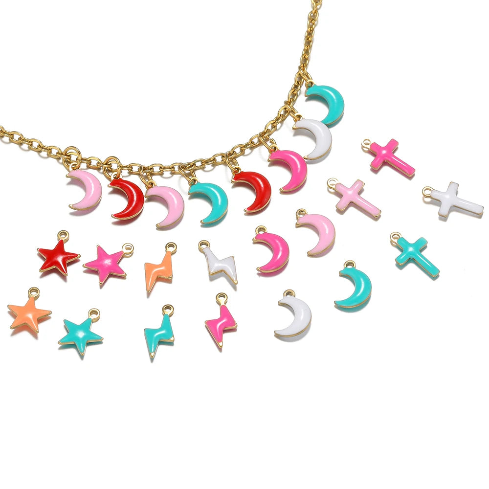 Luxury Charms 304 Stainless Steel 18k Gold Plated Moon Star Cross Lightning Enamel Charm Pendant for DIY Jewelry  Making