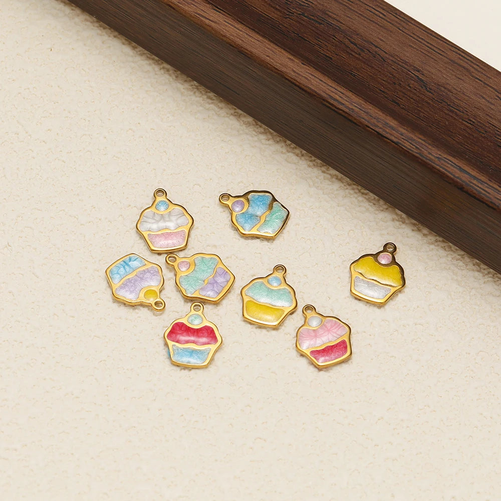 Cute Ins Colorful Enamel 18k Gold Plated Stainless Steel Cupcake Charm Pendant for Handmade Necklace Jewelry Making