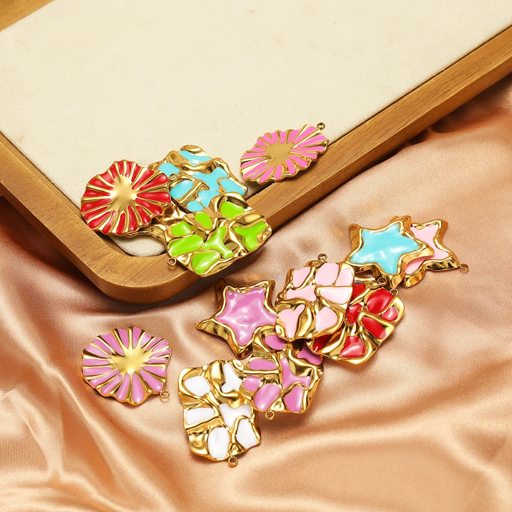 Vintage Style Stainless Steel 18k Gold Plated Enamel Star Round Charm Pendant for Jewelry Necklace Making Accessories