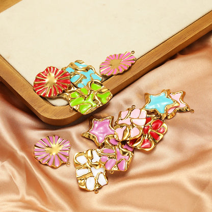 Vintage Style Stainless Steel 18k Gold Plated Enamel Star Round Charm Pendant for Jewelry Necklace Making Accessories