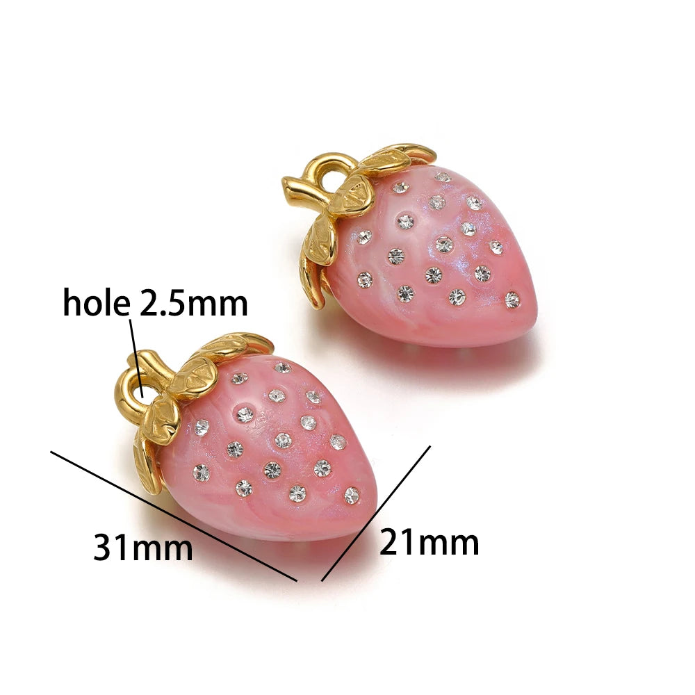 Lovely Fruit Charms 18k Gold Plated Stainless Steel Enamel Cherry Strawberry Zircon Charm Pendant for DIY Jewelry Making