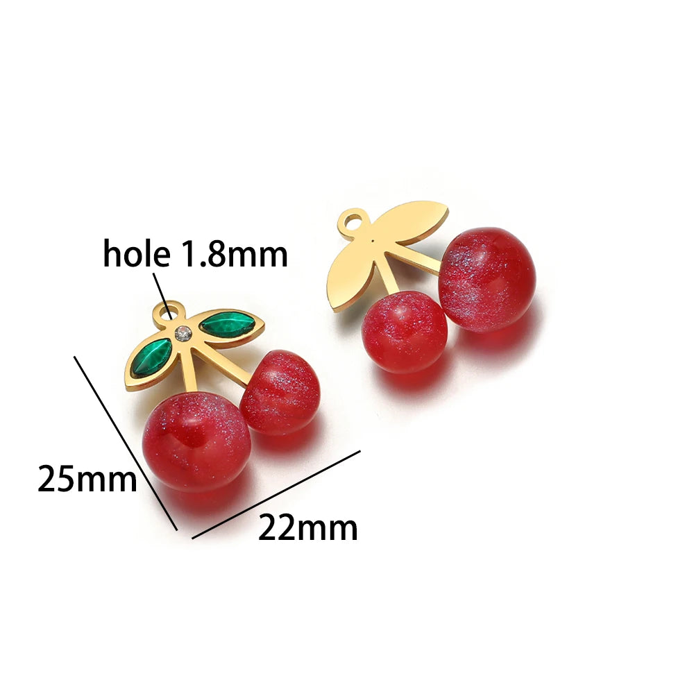 Lovely Fruit Charms 18k Gold Plated Stainless Steel Enamel Cherry Strawberry Zircon Charm Pendant for DIY Jewelry Making