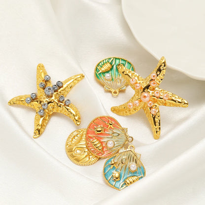 New Arrival 18k Gold Plated Stainless Steel Enamel Starfish Shell Pearl Charm Pendant for Jewelry Making Accessories