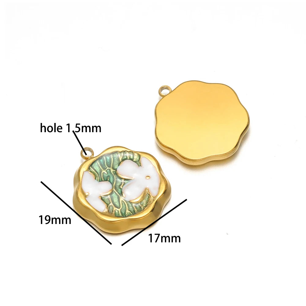 Exquisite Oil Drop Painted Flower Charm 18k Gold Plated Stainless Steel Enamel Round Square Pendant for Necklace Jewelry Making