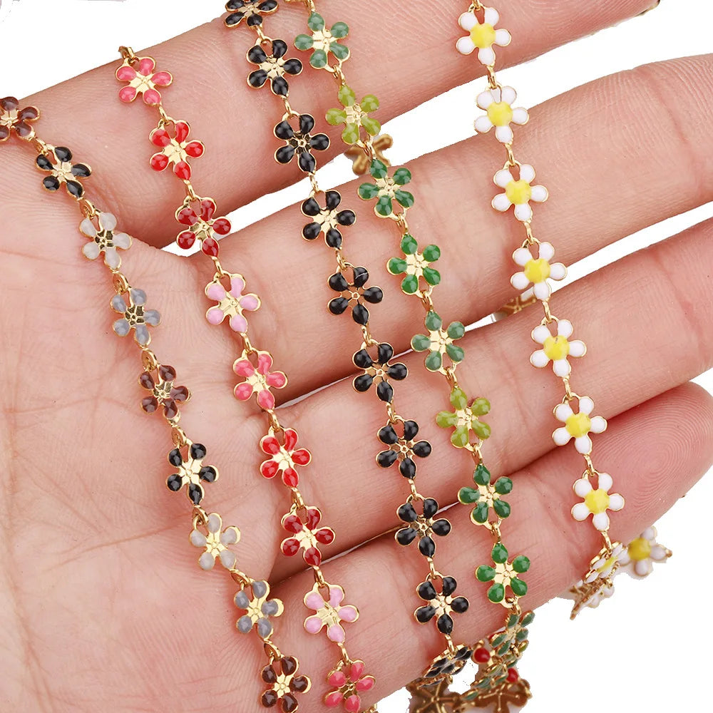 B1596 Rainbow Color Daisy Chain Enamel Drop Oil Plated Chain Stainless Steel Jewelry for Making