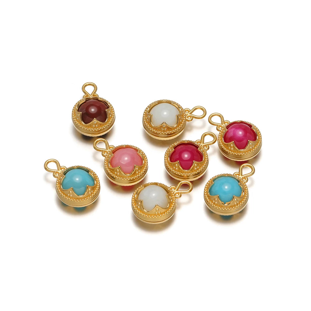 French Retro Stainless Steel 18k Gold Plated Round Gemstone Charm Pendant for Diy Jewelry Making Wholesale Jewelry Supplies