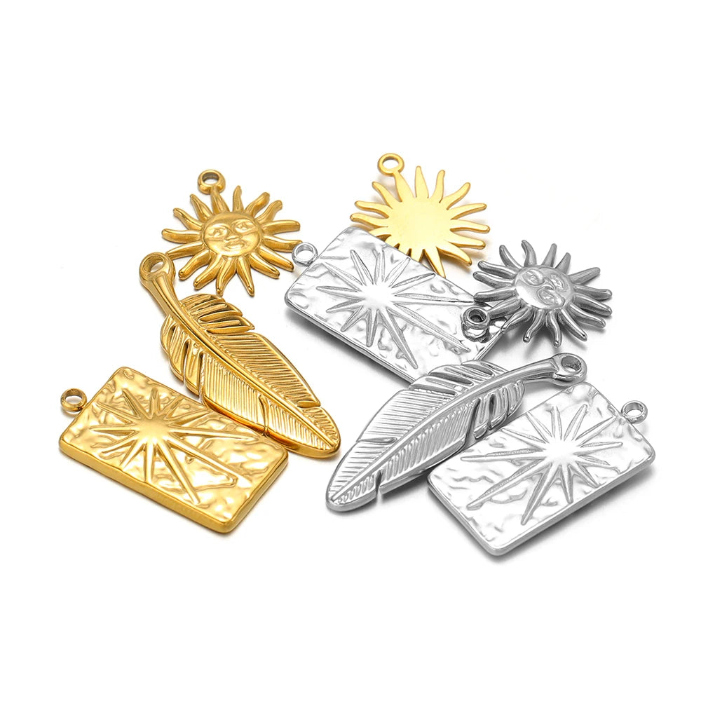 Vintage 18k Gold Plated Stainless Steel Rectangular Sun Feather Charm Pendant for Necklaces Jewelry Making