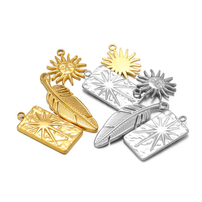Vintage 18k Gold Plated Stainless Steel Rectangular Sun Feather Charm Pendant for Necklaces Jewelry Making