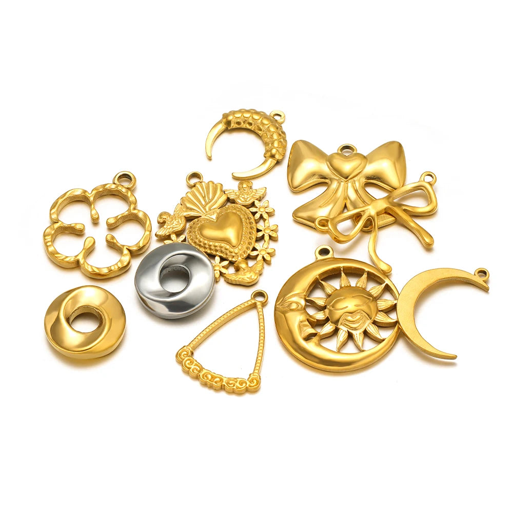 Wholesale Gold Plated Stainless Steel Moon Sun Leaf Cross Heart Charm Pendant for DIY Jewelry Necklace Making