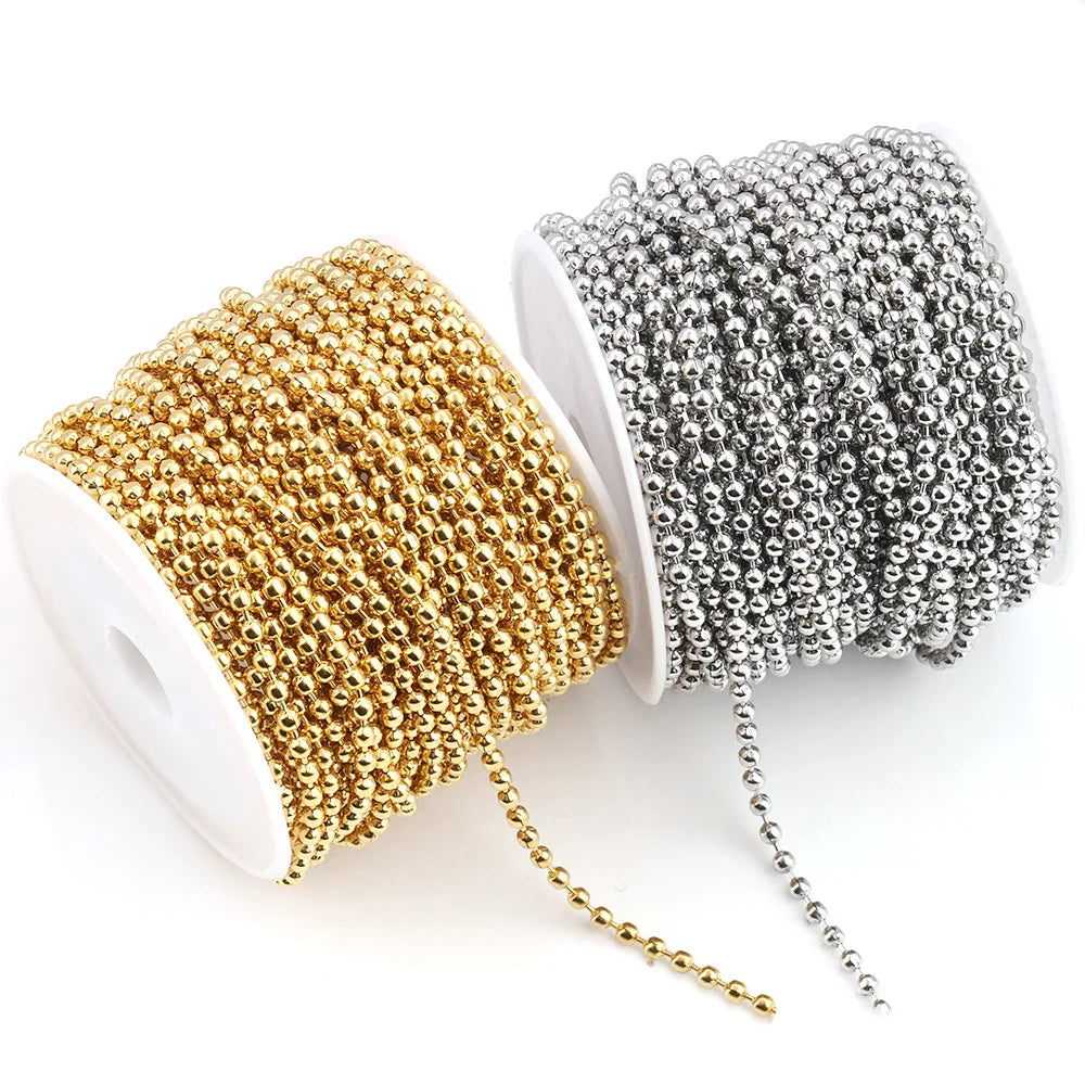 A1284 Non Tarnish 18k Gold Plated Bead Chain Round Beads Stainless Steel Silver Bulk Roll Chain Diy Jewelry Accessory