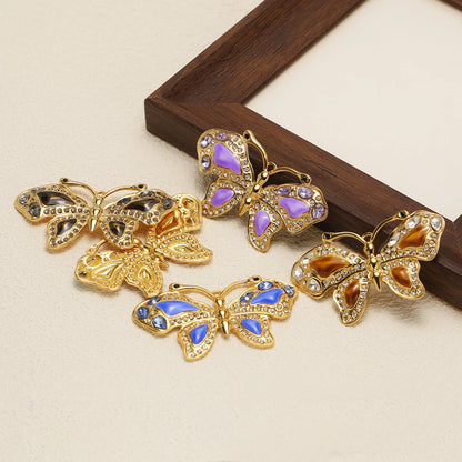 Exquisite French Pendant Stainless Steel Gold Plated Enamel Butterfly Zircon Charm Pendant for Diy Jewelry Making