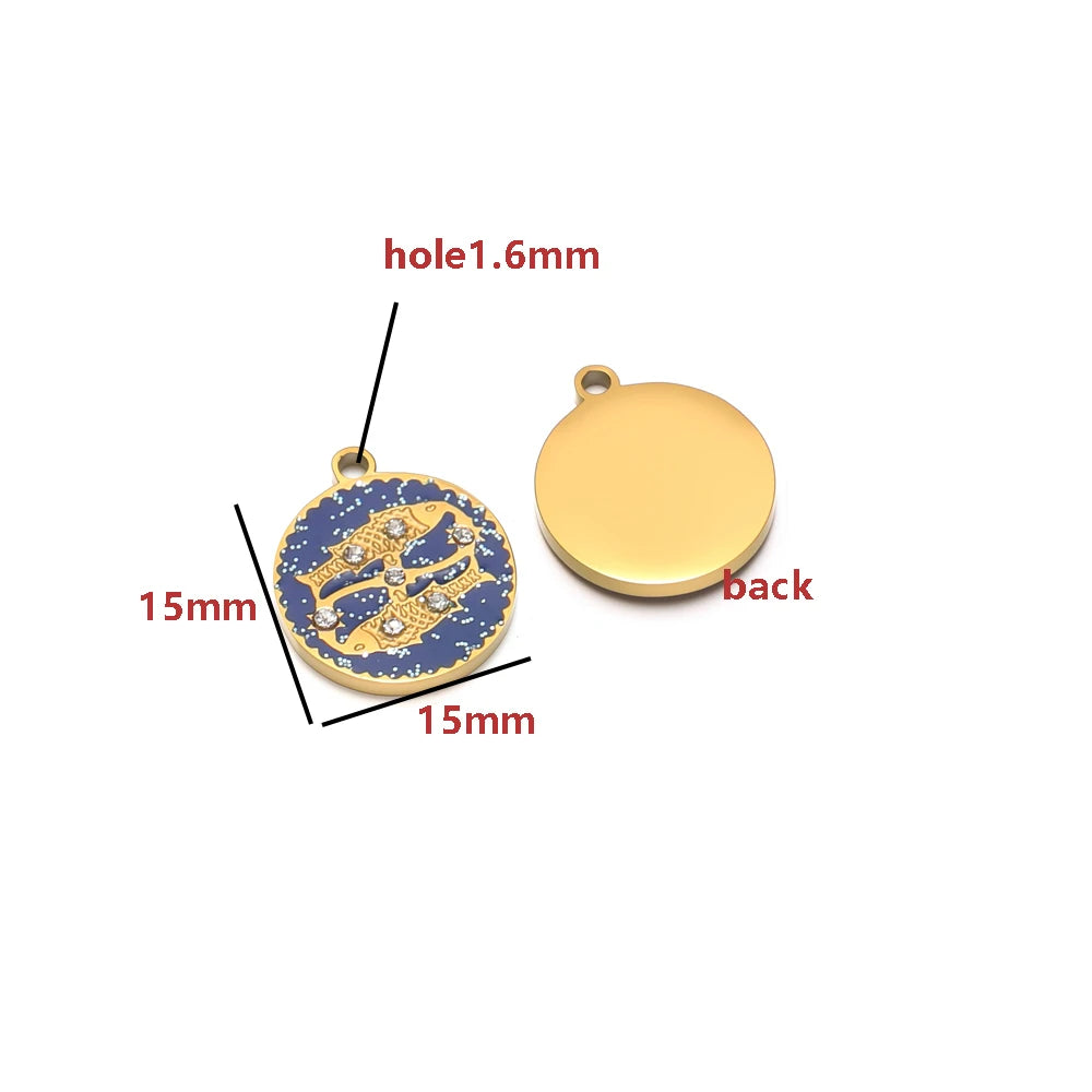Wholesale 12 Constellations Enamel Charms Set - 15mm Gold Round Zodiac Pendants with 1.6mm Single Hole