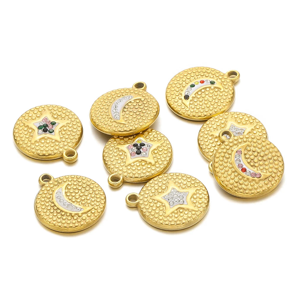 Fashion Stainless Steel 18k Gold Plated Round Wave Point Star Moon Zircon Charm Pendant for Jewelry Necklace Making Accessories