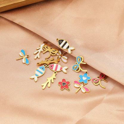TIK TOK Hotsale 18k Gold Plated Stainless Steel Enamel Flower Fish Bowknot Heart Dragonfly Charm Pendant for DIY Jewelry Making