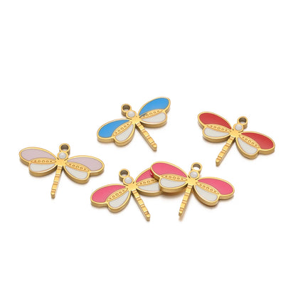 Factory Wholesale 18k Gold Plated Stainless Steel Enamel Dragonfly Charm Pendant for DIY Necklace Earrings Jewelry Making