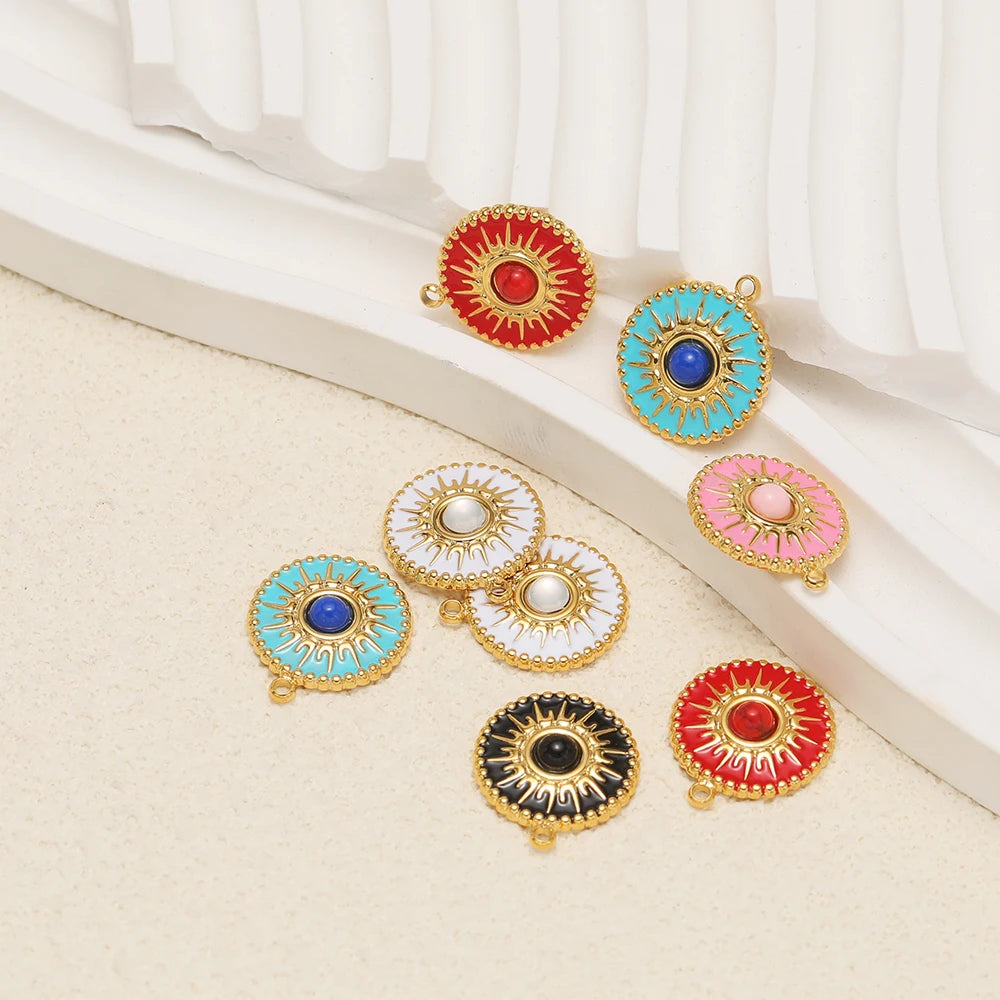 Bohemian Style Stainless Steel 18k Gold Plated Drop Oil Circular Sun Charms Pendant for DIY Jewelry Necklace Making