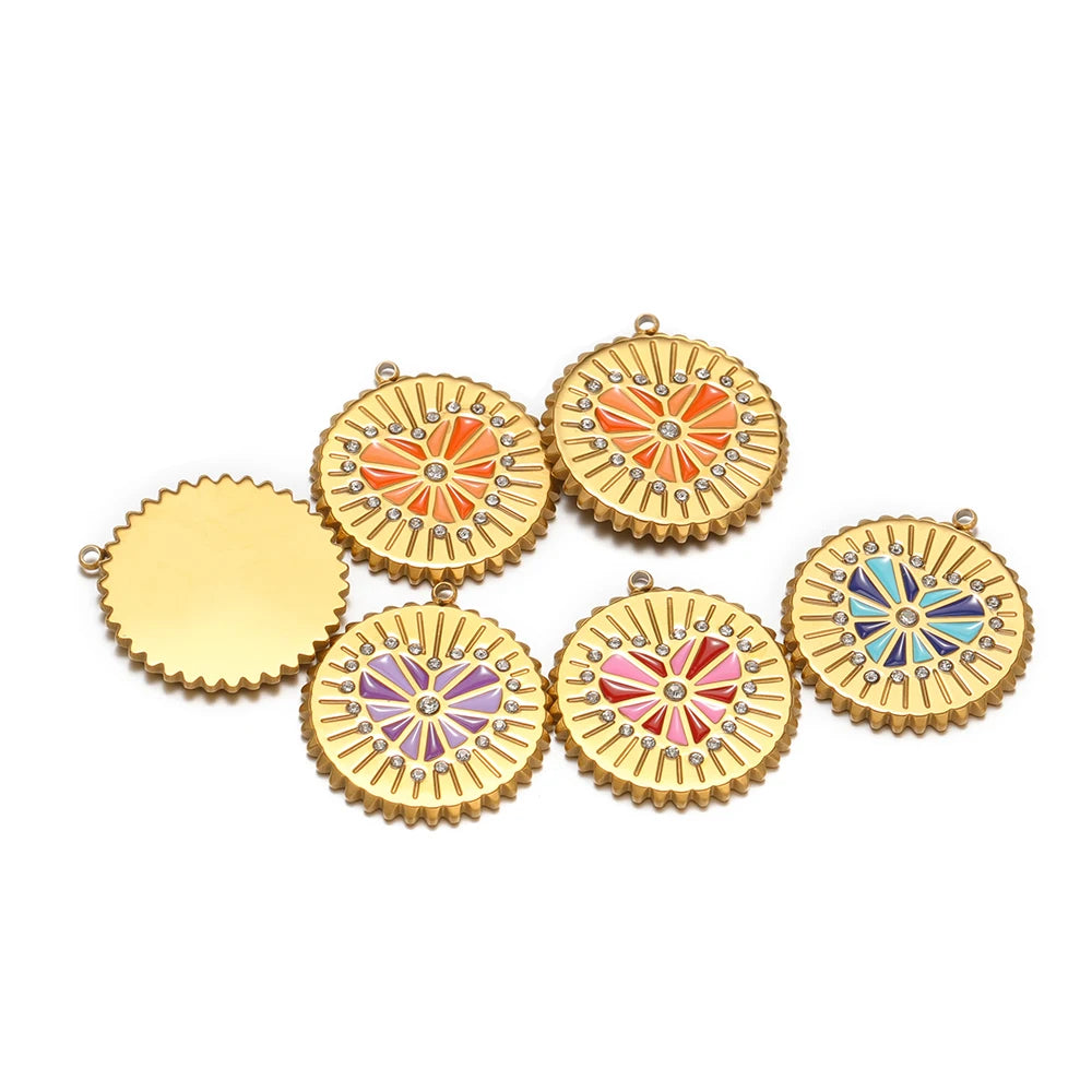 New Selling Stainless Steel 18k Gold Plated Enamel Heart Round Zircon Charm Pendant for Diy Jewelry Making Wholesale