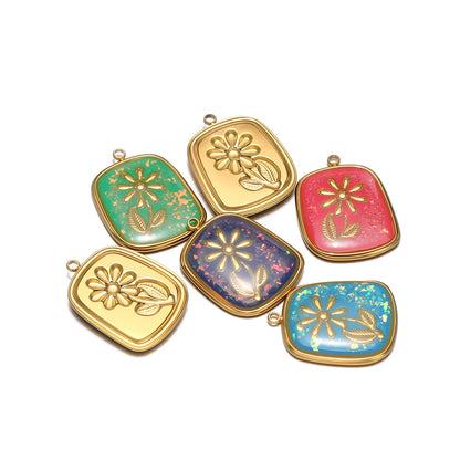 Fashion 18k Gold Plated Stainless Steel Square Enamel Flower Charm Pendant for DIY Necklace & Earring Making Accessories