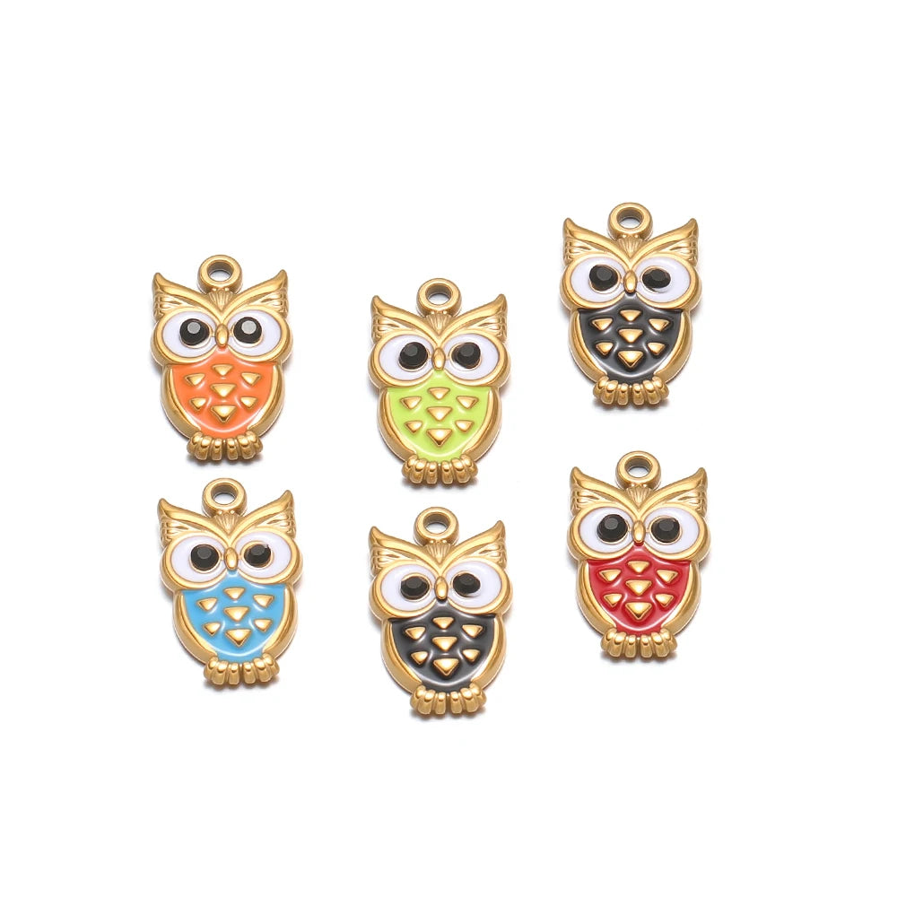 New Trendy Stainless Steel 18k Gold Plated Enamel Owl Charms Pendant for Diy Jewelry Necklace Making