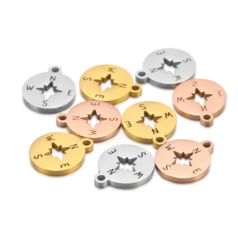 Small Compass Pendant Charm 304 Stainless Steel 18k Gold Plated Circular Hollowed-out Compass Pendant Charm  for Necklace Making