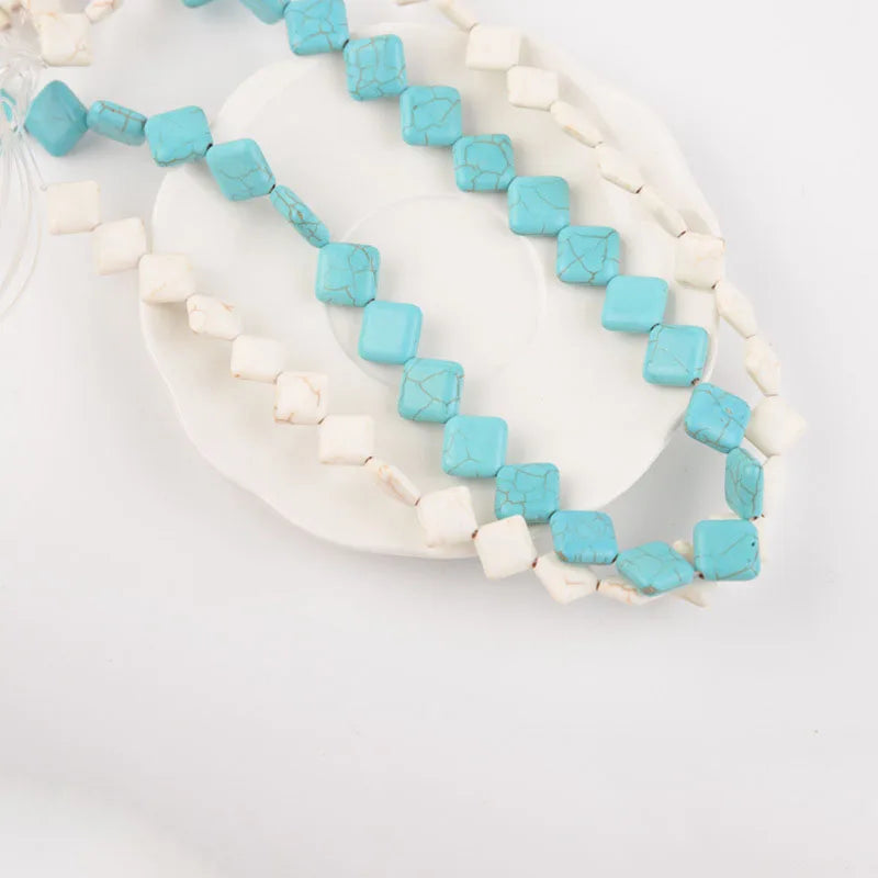 Howlite Magnesite Stone Beads, Flat Square, Diagonally Drilled Blue Turquoise White Magnesite Gemstone Bead for Jewelry Making