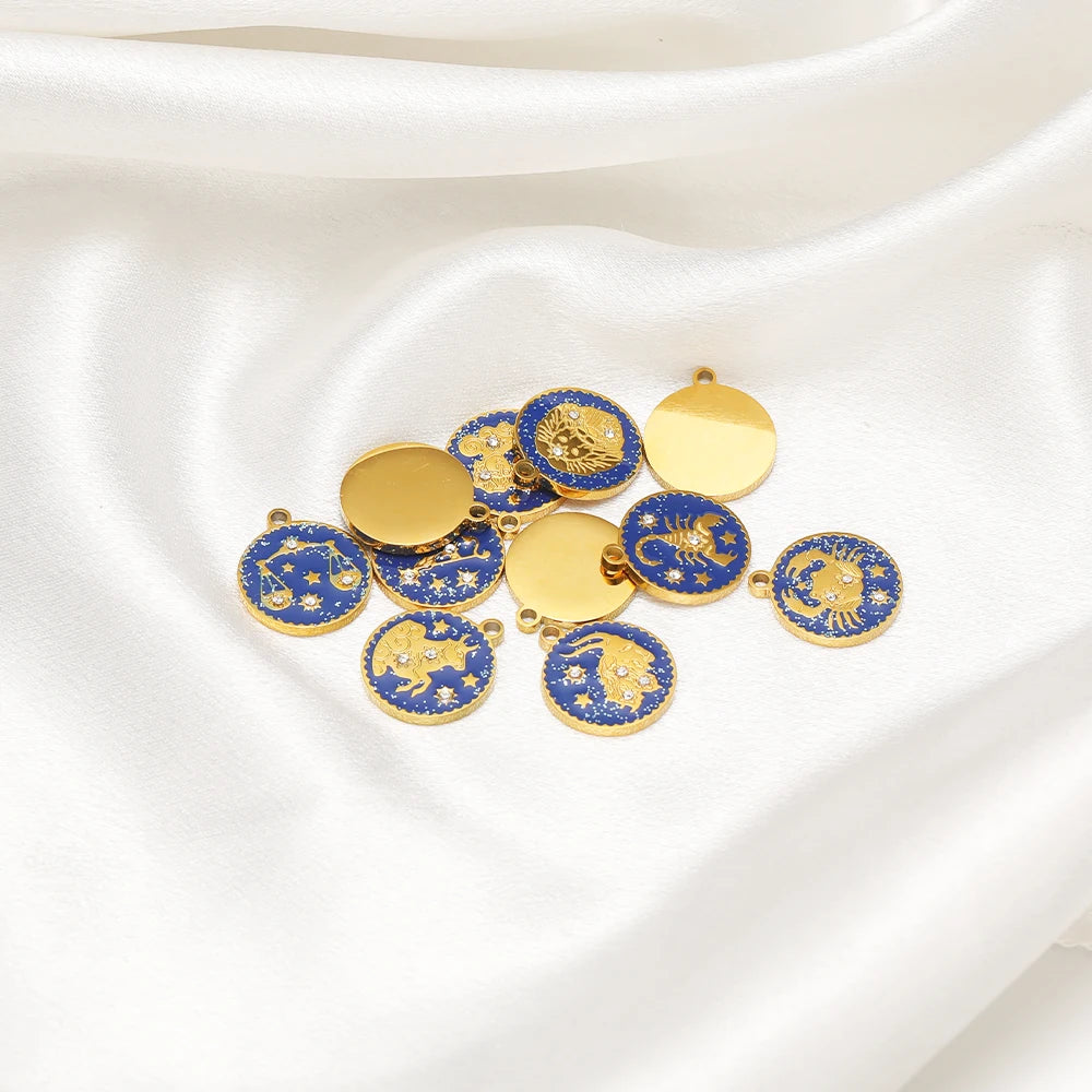 Wholesale 12 Constellations Enamel Charms Set - 15mm Gold Round Zodiac Pendants with 1.6mm Single Hole