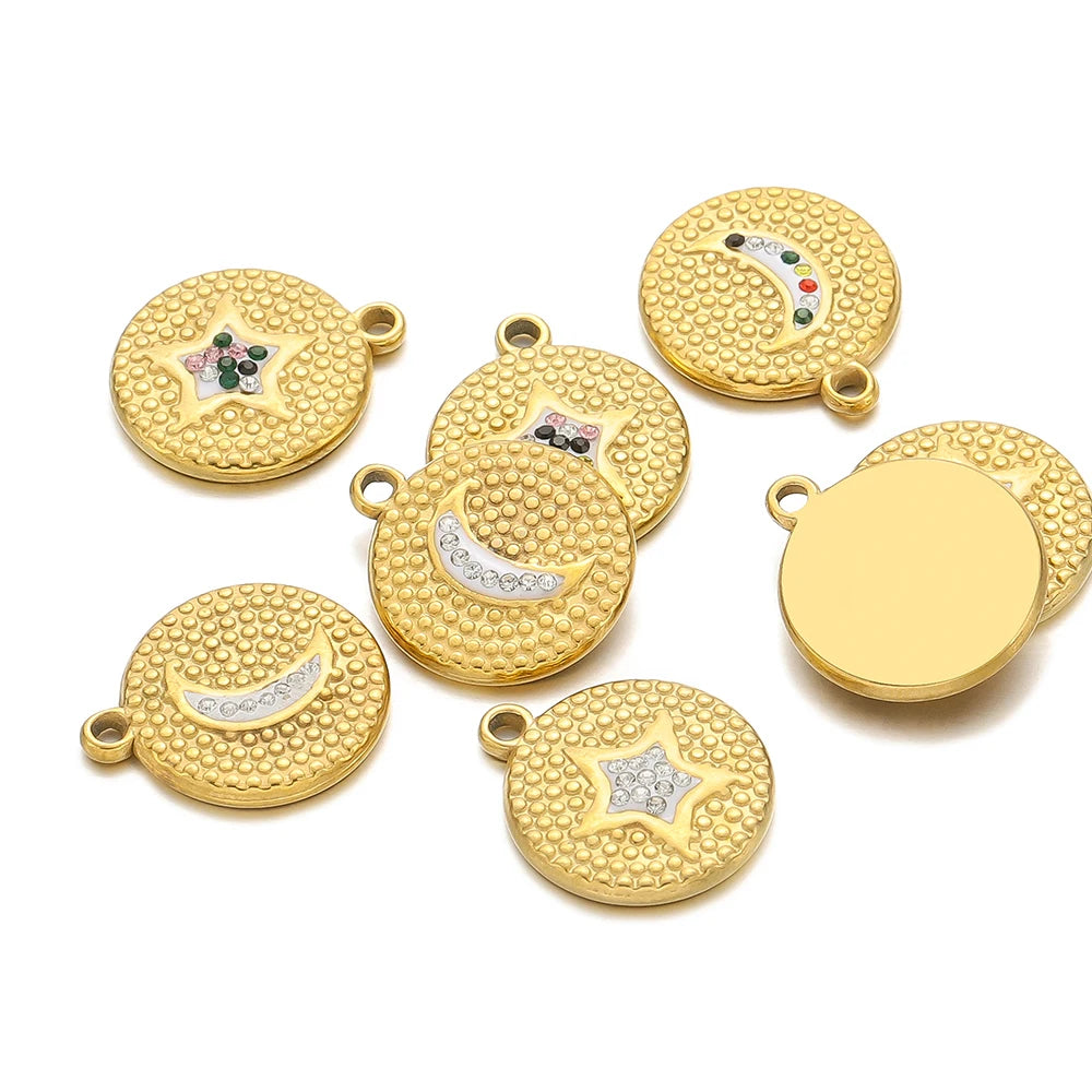Fashion Stainless Steel 18k Gold Plated Round Wave Point Star Moon Zircon Charm Pendant for Jewelry Necklace Making Accessories