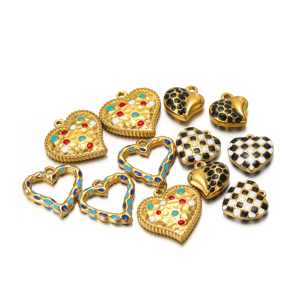 Waterproof Fashion Pendant Stainless Steel 18k Gold Plated Enamel Heart Shaped Charms Pendant for Women Jewelry Necklace Making