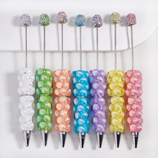 Sea Shell Pattern Clay Beaded Pens UV Finish Inlaid Clear Rhinestones Decorative Stationery Gifts Clay Beadable Pen